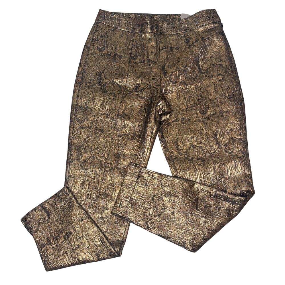 Soft Surroundings Nevina Jacquard Side Zipper Slim Ankle Metallic Pant Gold 8